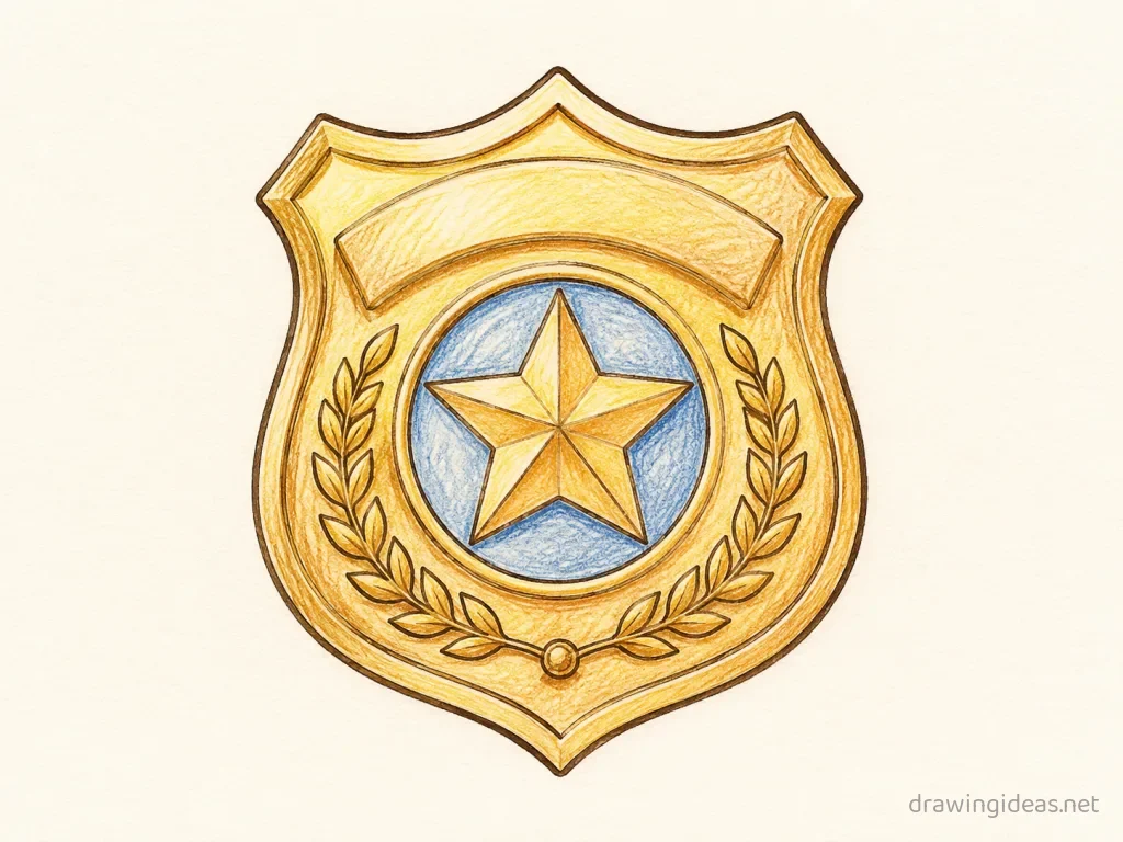 Police Badge drawing — hand-drawn police badge illustration with ink lines and soft colors