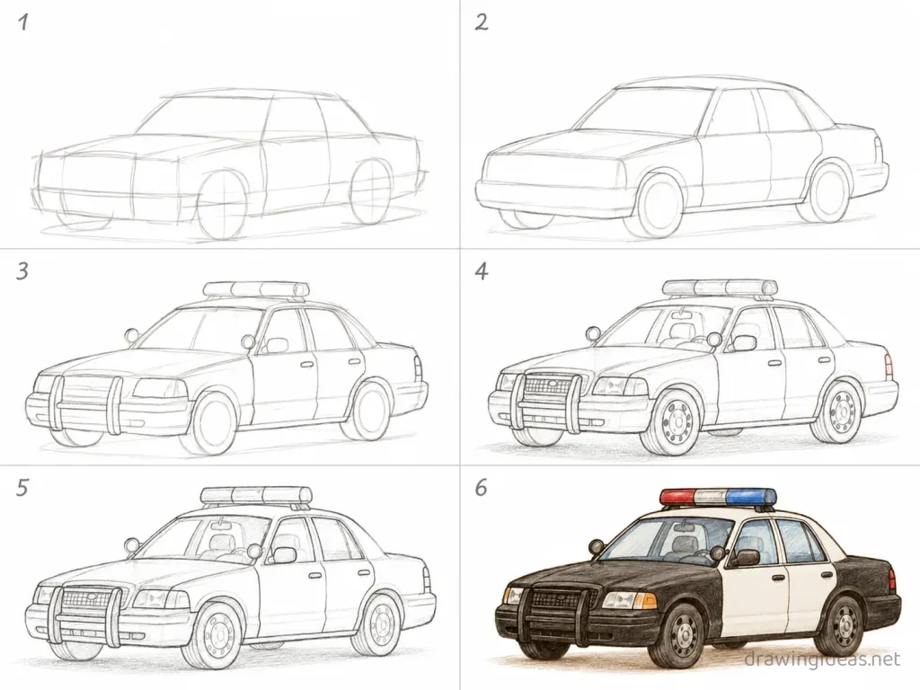 How to draw a police car step by step — 6-step police car drawing tutorial grid