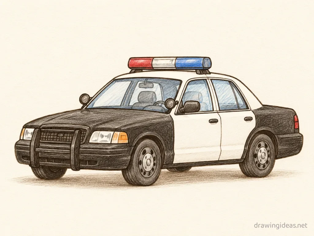 Police Car drawing — hand-drawn police car illustration with ink lines and soft colors
