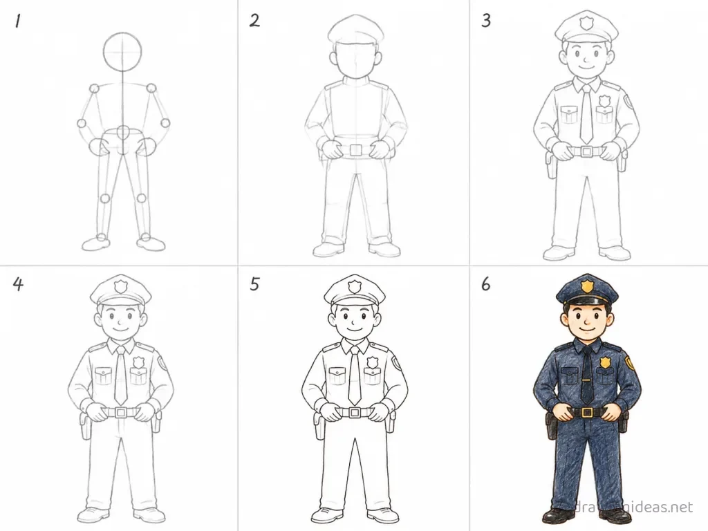 How to draw a police step by step — 6-step police drawing tutorial grid