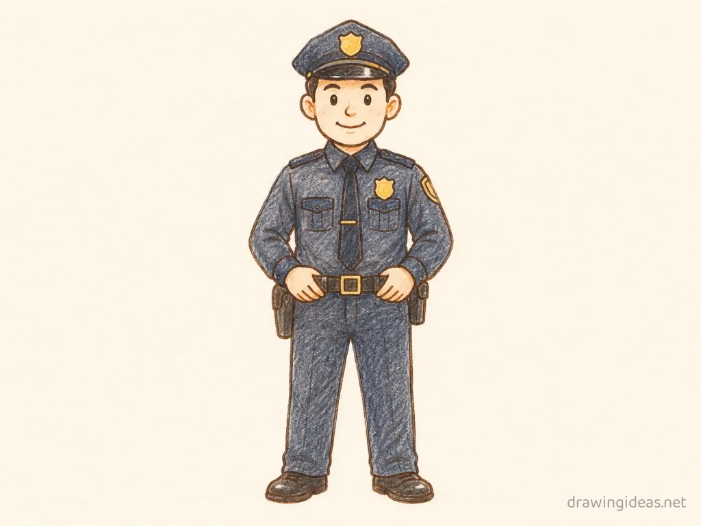 Police drawing — hand-drawn police illustration with ink lines and soft colors