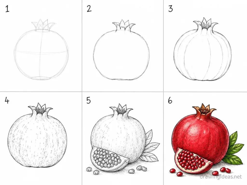 How to draw a pomegranate step by step — 6-step pomegranate drawing tutorial grid