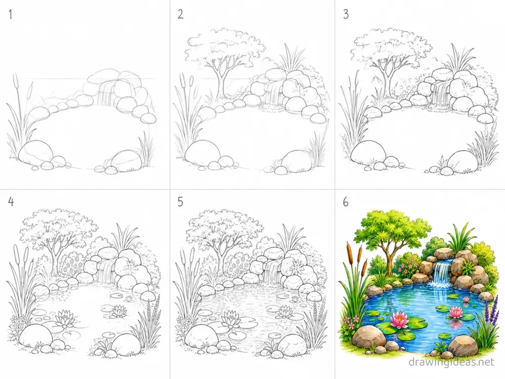 How to draw a pond step by step — 6-step pond drawing tutorial grid