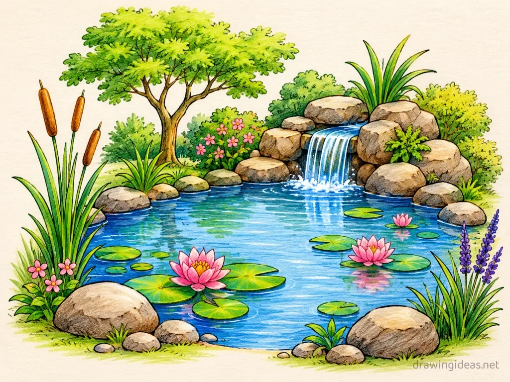 Pond drawing — hand-drawn pond illustration with ink lines and soft colors