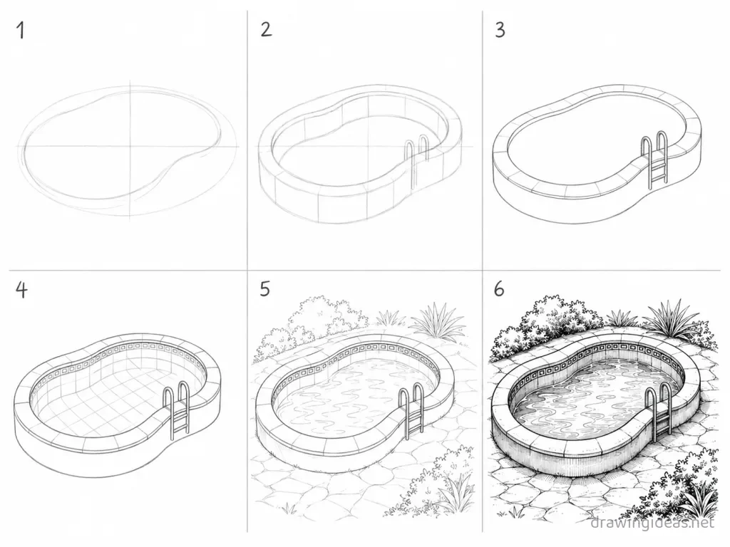 How to draw a pool step by step — 6-step pool drawing tutorial grid