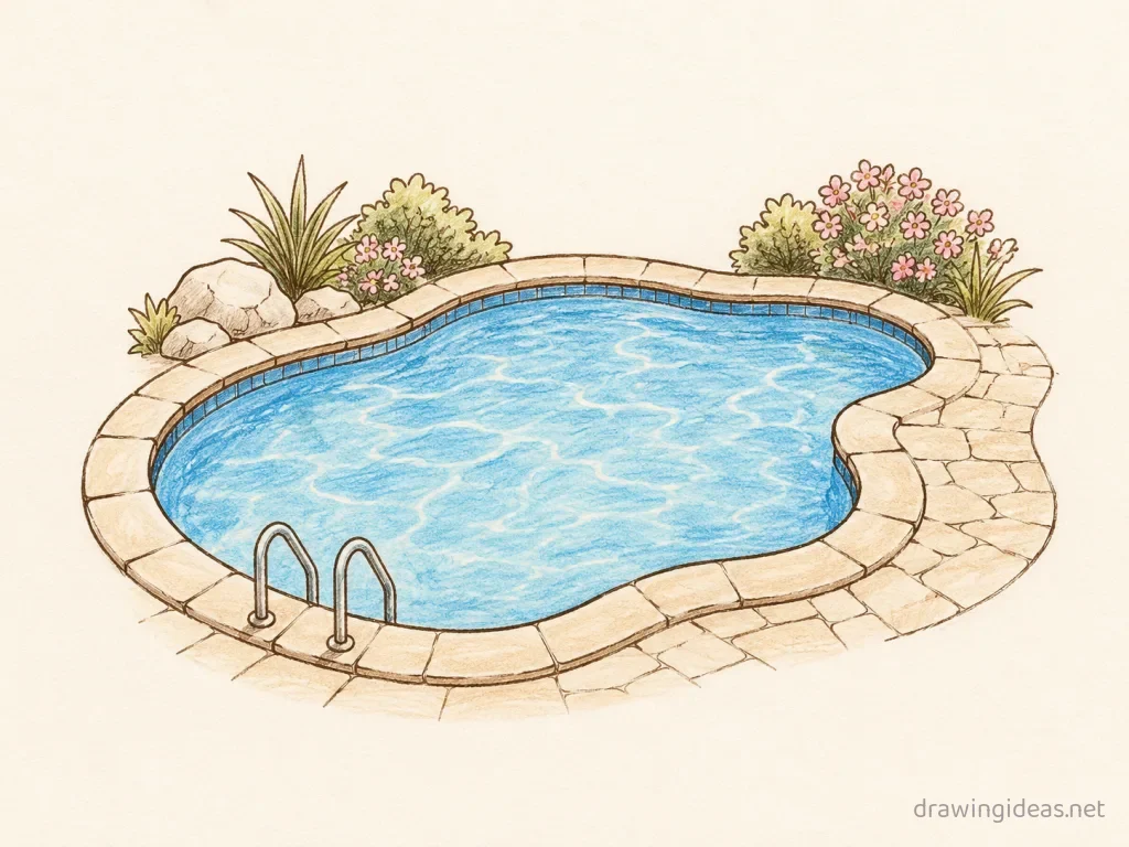 Pool drawing — hand-drawn pool illustration with ink lines and soft colors