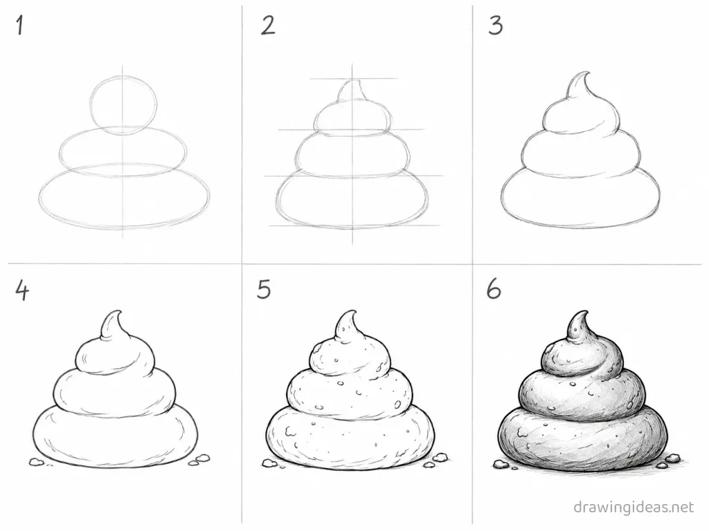 How to draw poop step by step — 6-step poop drawing tutorial grid