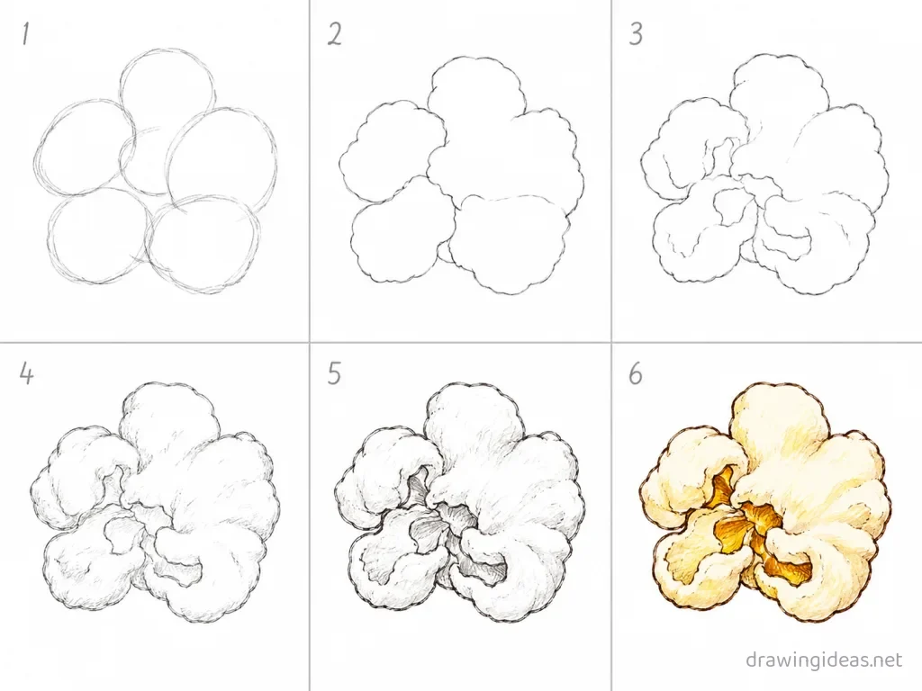 How to draw popcorn step by step — 6-step popcorn drawing tutorial grid
