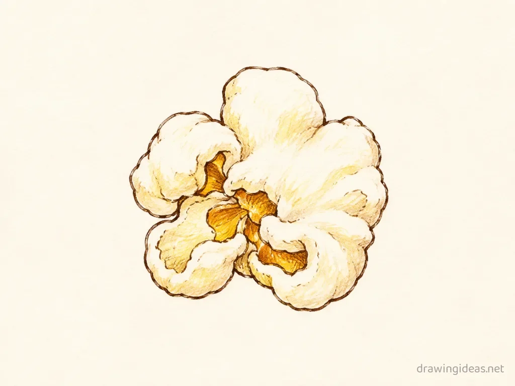 Popcorn drawing — hand-drawn popcorn illustration with ink lines and soft colors