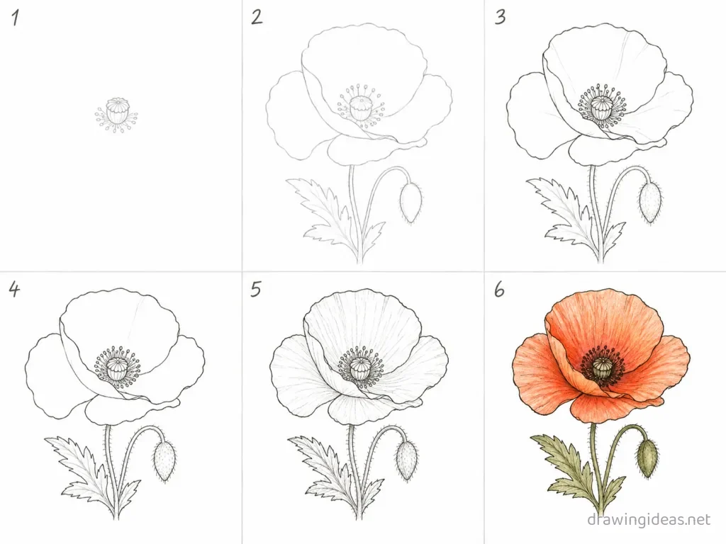 How to draw a poppy step by step — 6-step poppy drawing tutorial grid