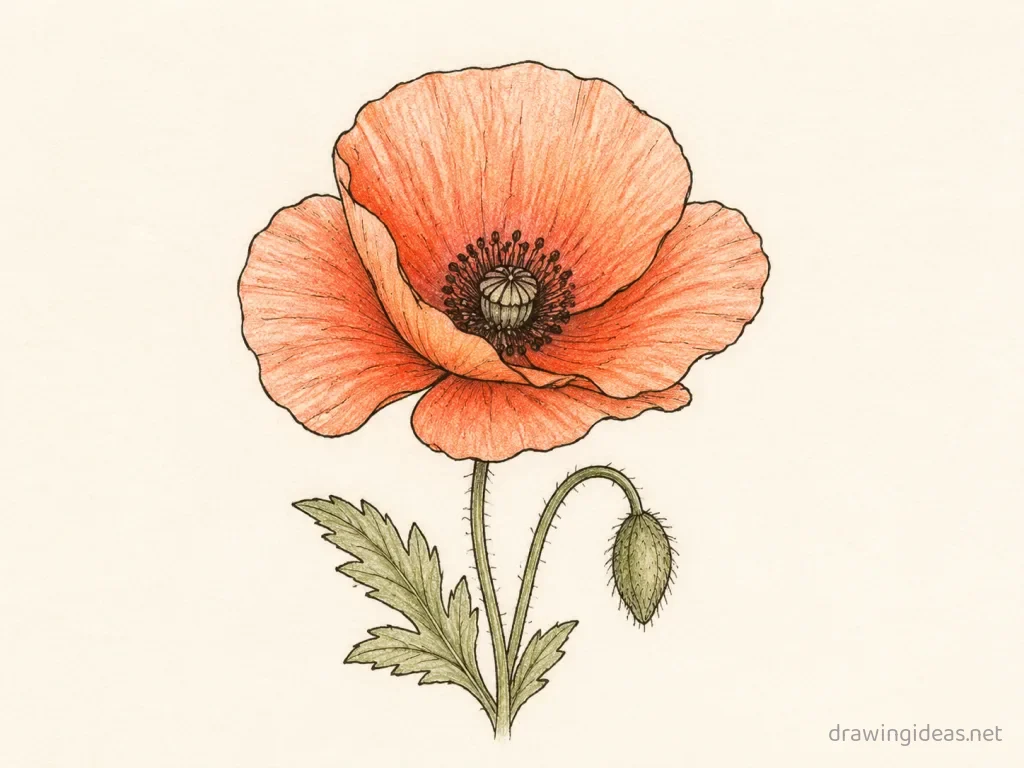 Poppy drawing — hand-drawn poppy illustration with ink lines and soft colors