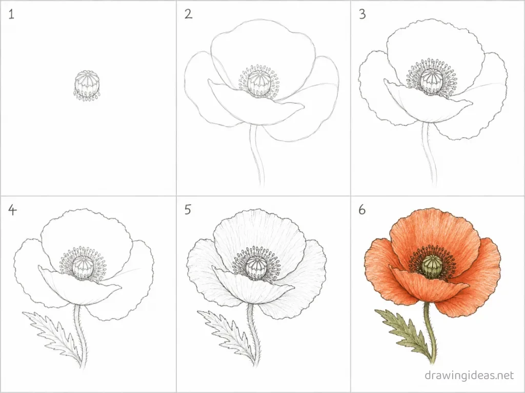 How to draw a poppy flower step by step — 6-step poppy flower drawing tutorial grid