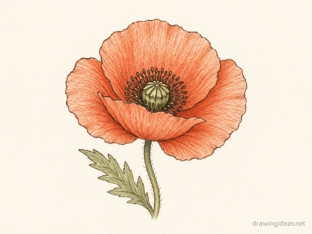 Poppy Flower drawing — hand-drawn poppy flower illustration with ink lines and soft colors