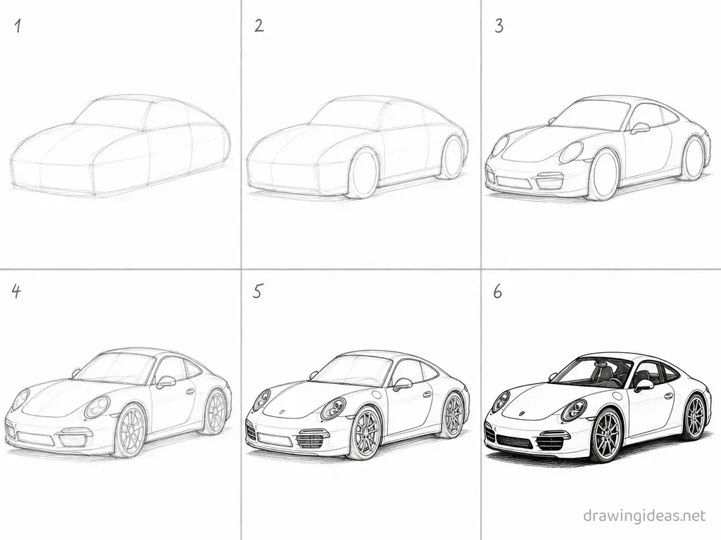 How to draw a porsche 911 step by step — 6-step porsche 911 drawing tutorial grid