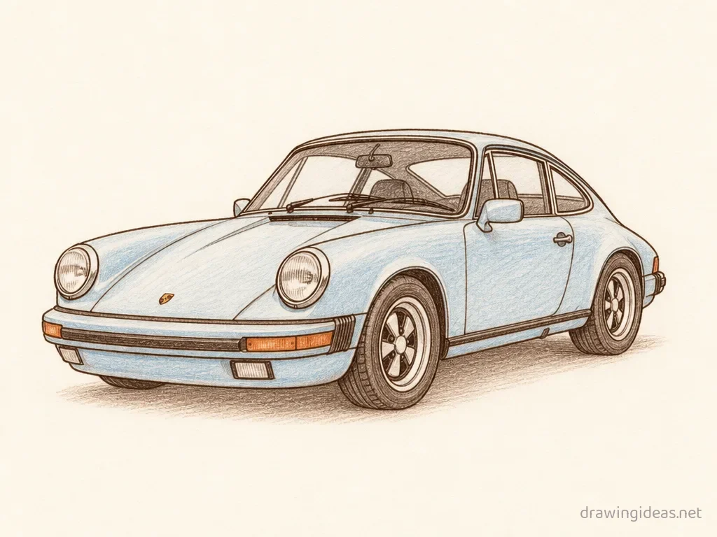 Porsche 911 drawing ā hand-drawn porsche 911 illustration with ink lines and soft colors