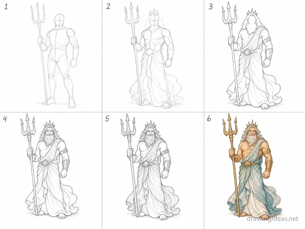 How to draw Poseidon step by step — 6-step Poseidon drawing tutorial grid