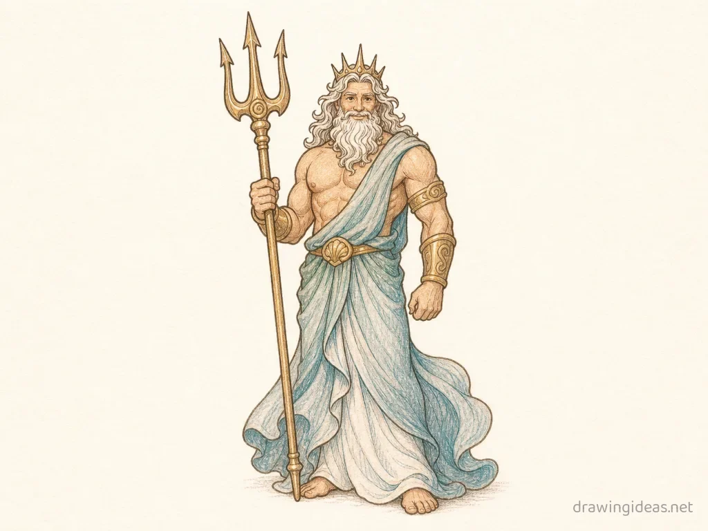 Poseidon drawing — hand-drawn Poseidon illustration with ink lines and soft colors