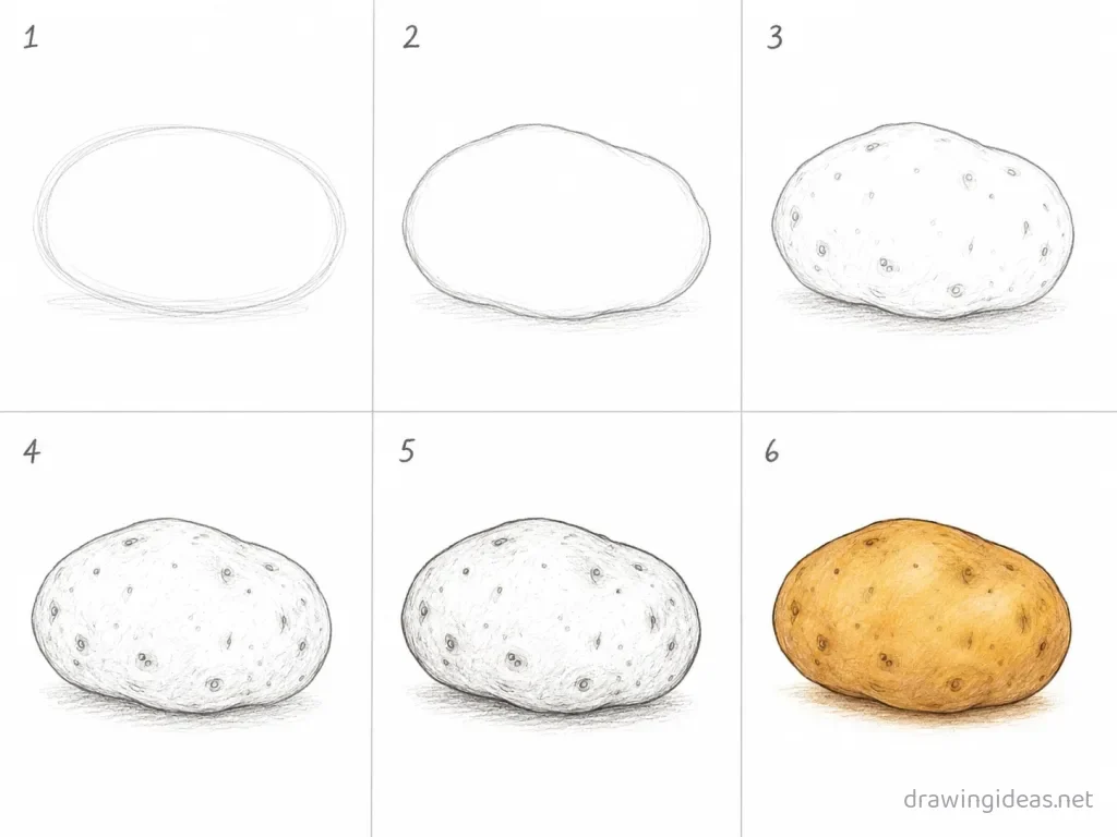 How to draw a potato step by step — 6-step potato drawing tutorial grid