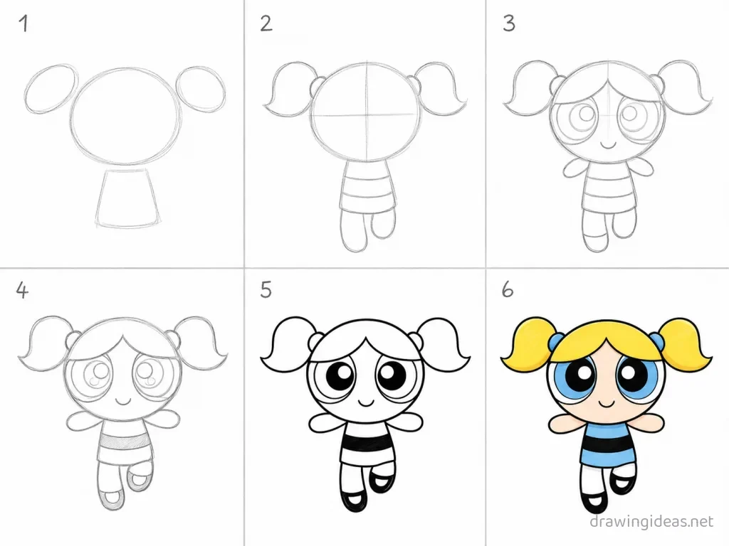 How to draw the Powerpuff Girls step by step — 6-step Powerpuff Girls drawing tutorial grid