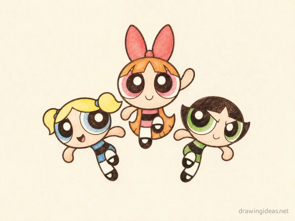 Powerpuff Girls drawing — hand-drawn Powerpuff Girls illustration with ink lines and soft colors