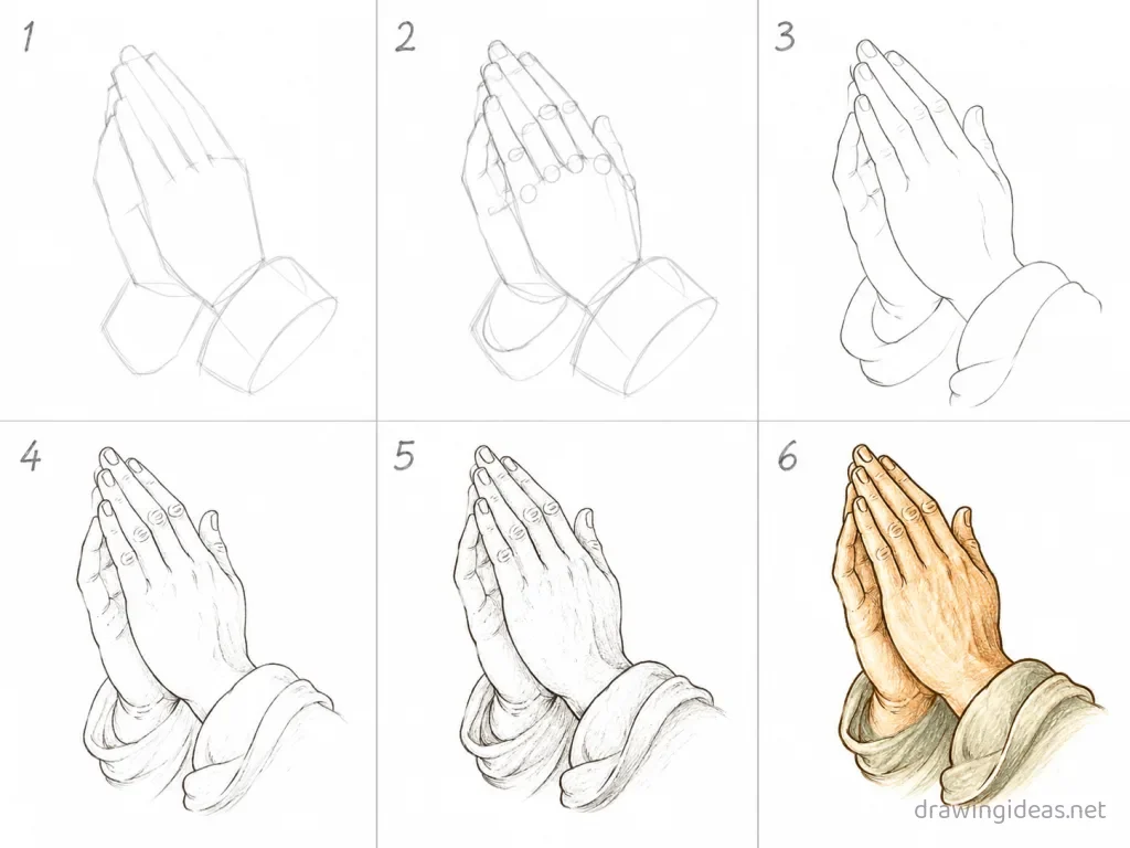 How to draw praying hands step by step — 6-step praying hands drawing tutorial grid