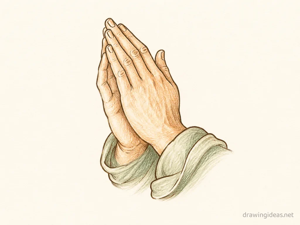 Praying Hands drawing — hand-drawn praying hands illustration with ink lines and soft colors