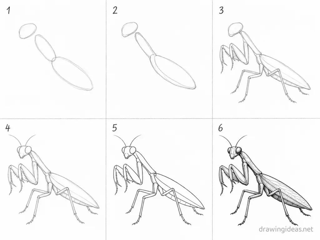How to draw a praying mantis step by step — 6-step praying mantis drawing tutorial grid