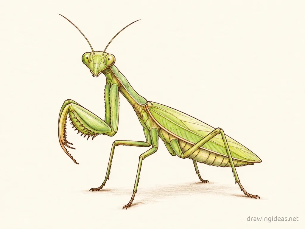 Praying Mantis drawing — hand-drawn praying mantis illustration with ink lines and soft colors