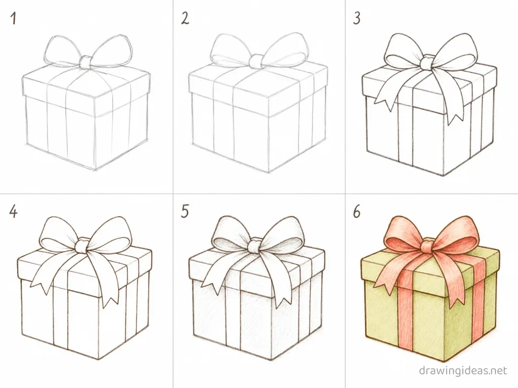 How to draw a present step by step — 6-step present drawing tutorial grid