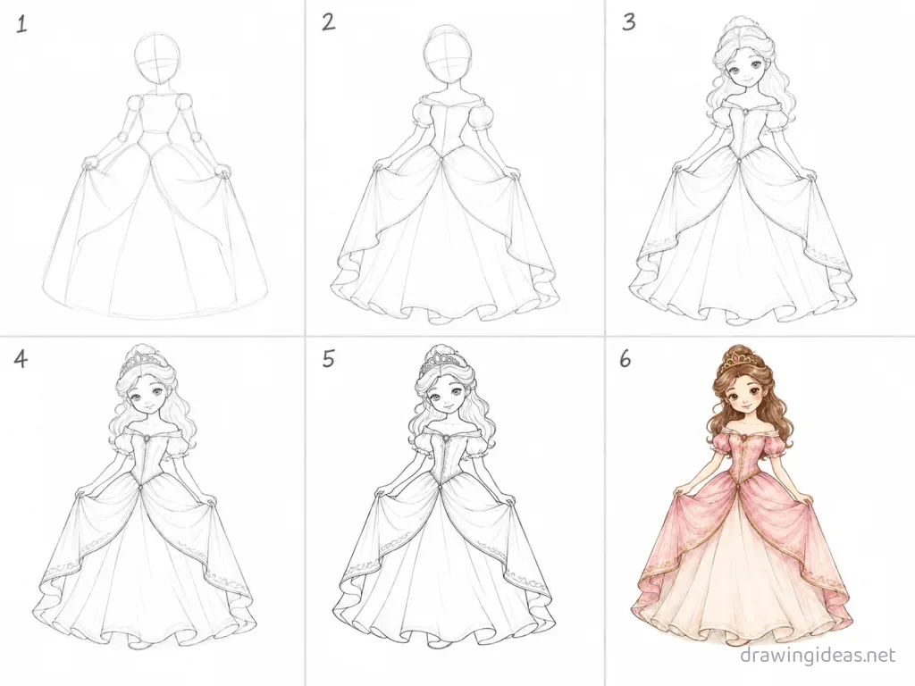 How to draw a princess step by step — 6-step princess drawing tutorial grid