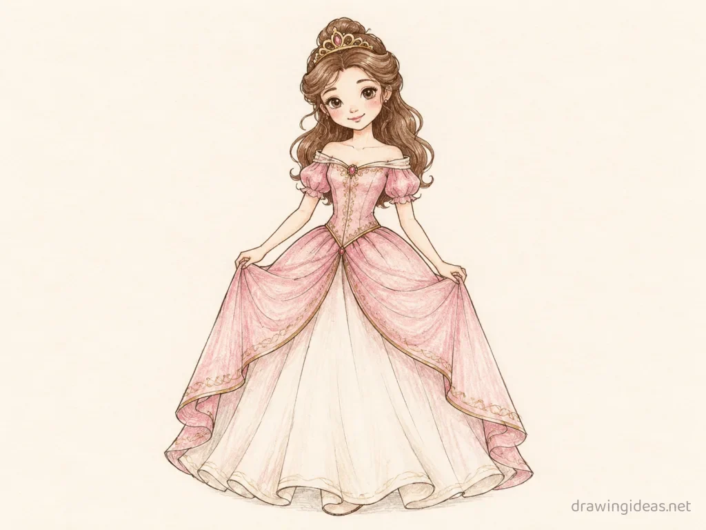 Princess drawing — hand-drawn princess illustration with ink lines and soft colors