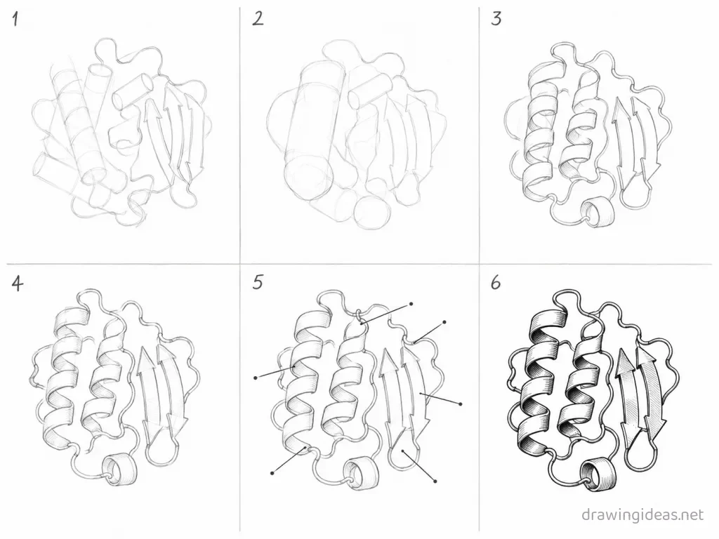 How to draw a protein step by step — 6-step protein drawing tutorial grid