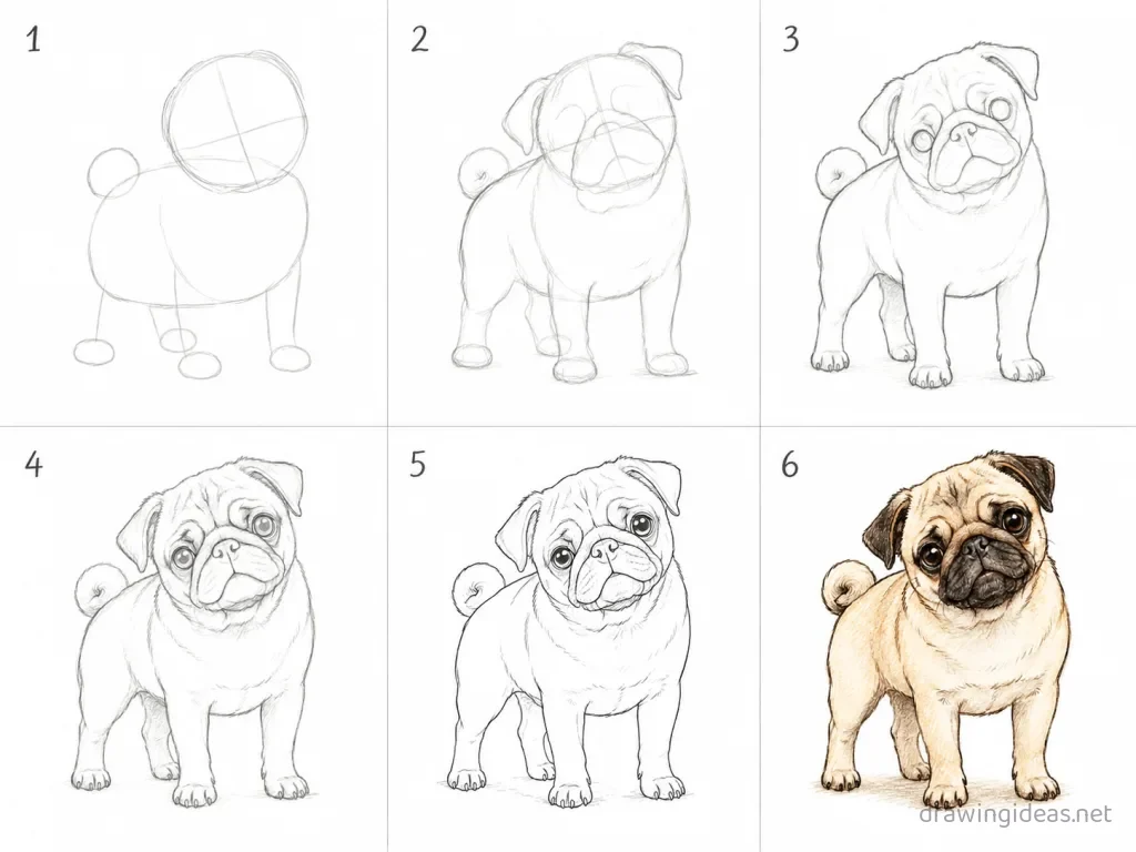 How to draw a pug step by step — 6-step pug drawing tutorial grid