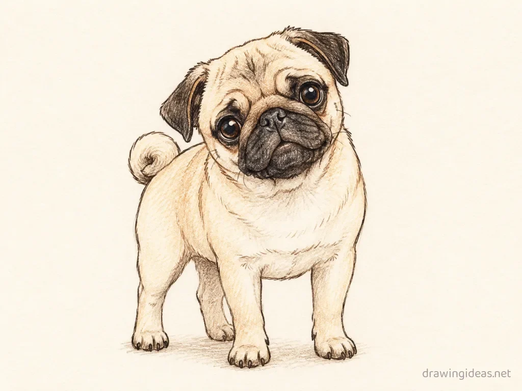 Pug drawing — hand-drawn pug illustration with ink lines and soft colors