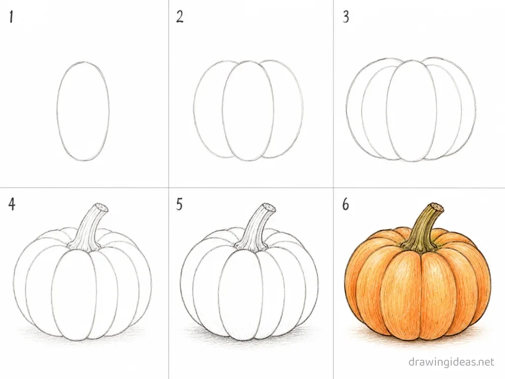 How to draw a pumpkin step by step — 6-step pumpkin drawing tutorial grid