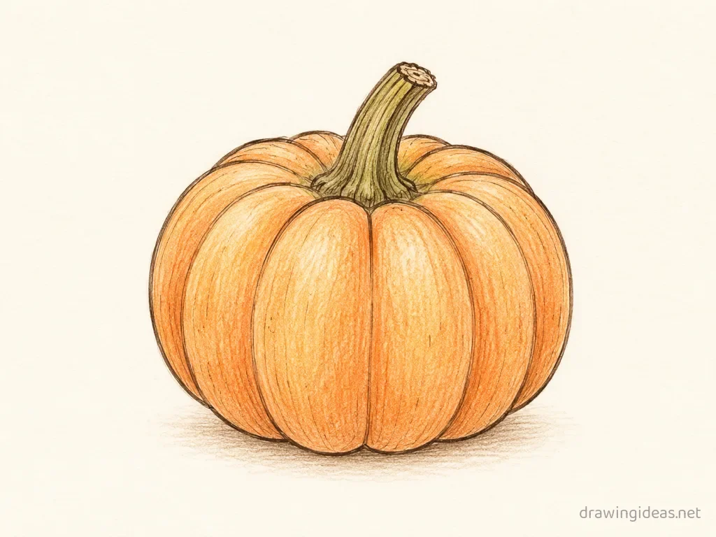 Pumpkin drawing — hand-drawn pumpkin illustration with ink lines and soft colors