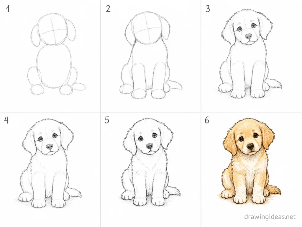 How to draw a puppy step by step — 6-step puppy drawing tutorial grid