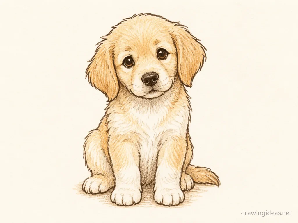 Puppy drawing — hand-drawn puppy illustration with ink lines and soft colors
