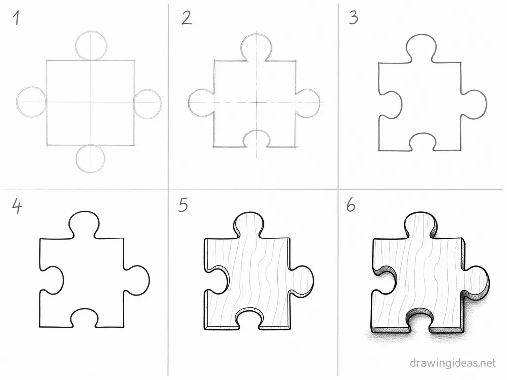 How to draw a puzzle piece step by step — 6-step puzzle piece drawing tutorial grid