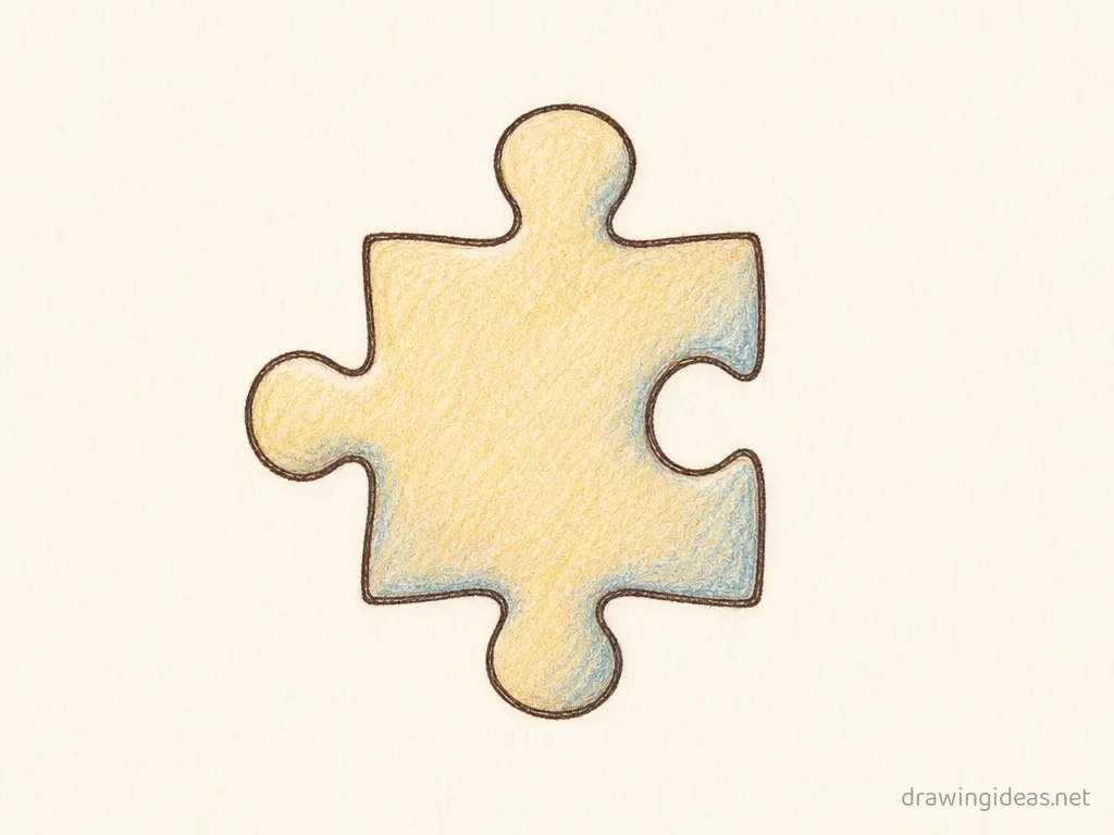 Puzzle Piece drawing — hand-drawn puzzle piece illustration with ink lines and soft colors