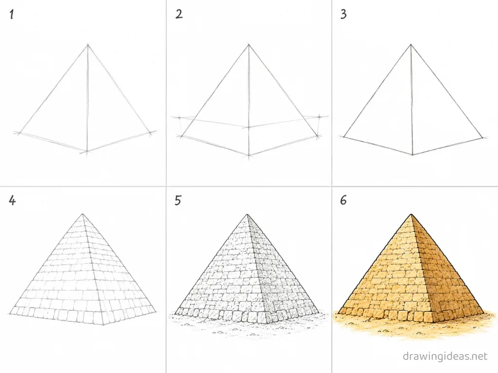 How to draw a pyramid step by step — 6-step pyramid drawing tutorial grid