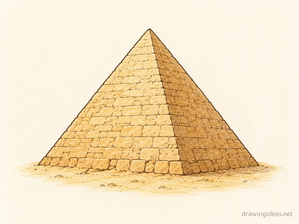 Pyramid drawing — hand-drawn pyramid illustration with ink lines and soft colors