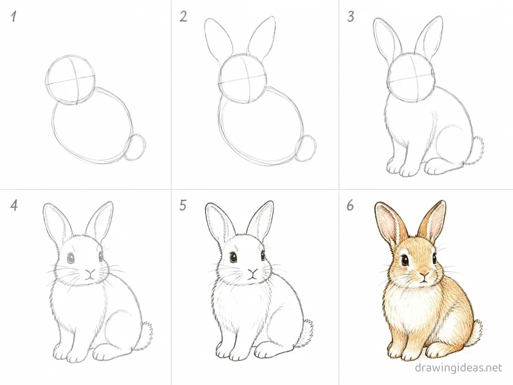 How to draw a rabbit step by step — 6-step rabbit drawing tutorial grid