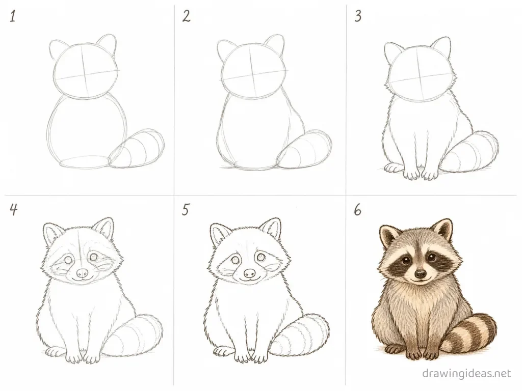How to draw a raccoon step by step — 6-step raccoon drawing tutorial grid