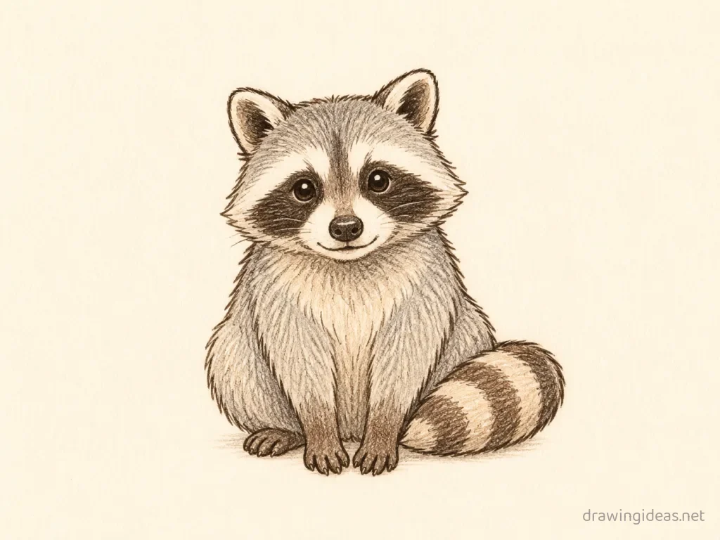 Raccoon drawing — hand-drawn raccoon illustration with ink lines and soft colors