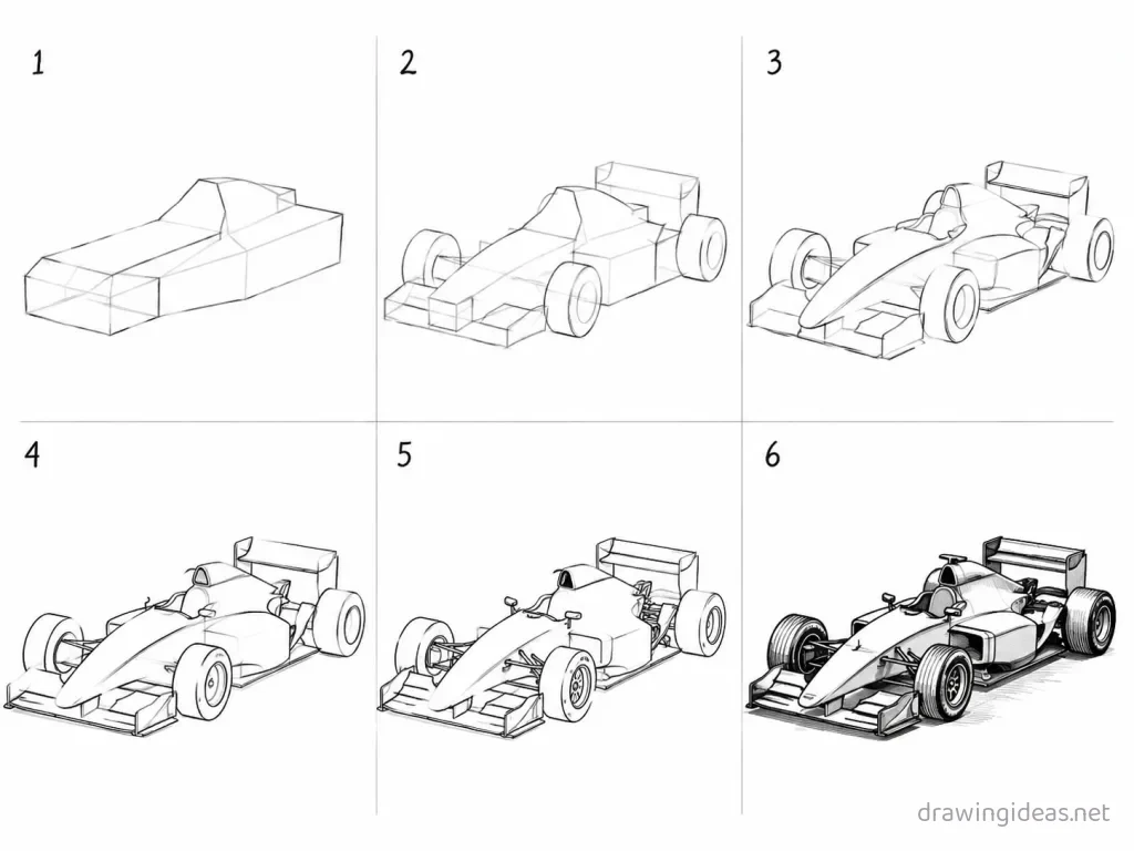 How to draw a race car step by step — 6-step race car drawing tutorial grid