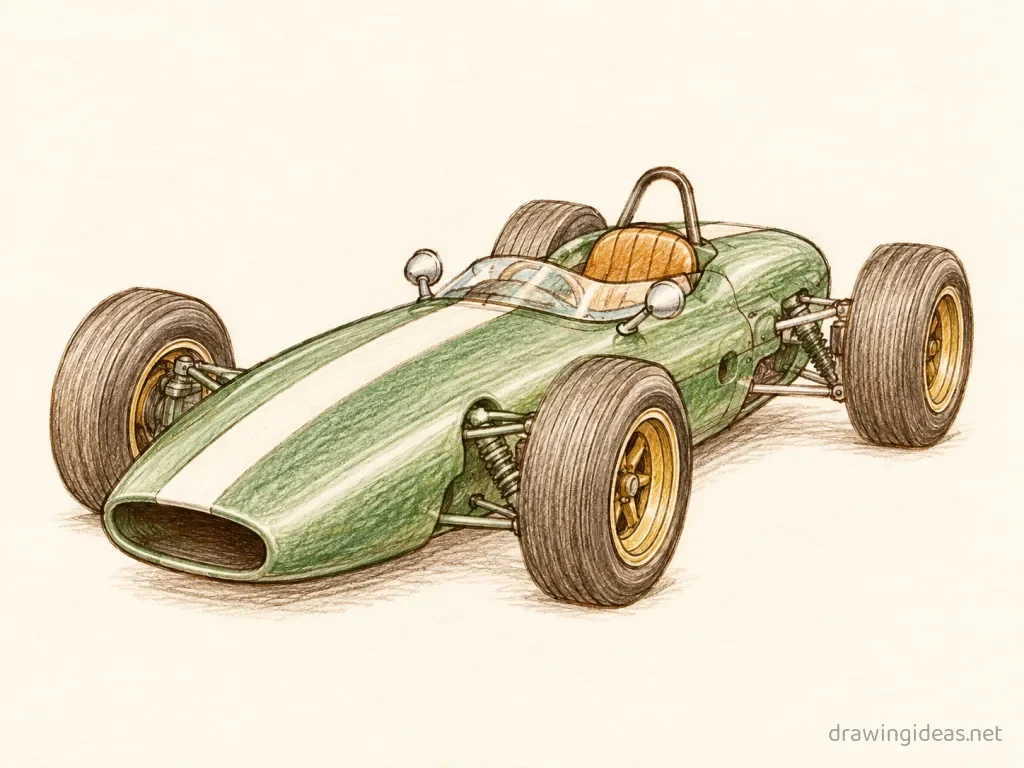 Race Car drawing ā hand-drawn race car illustration with ink lines and soft colors