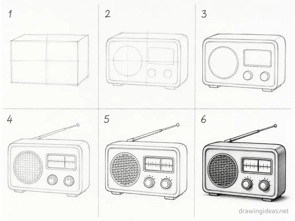 How to draw a radio step by step — 6-step radio drawing tutorial grid