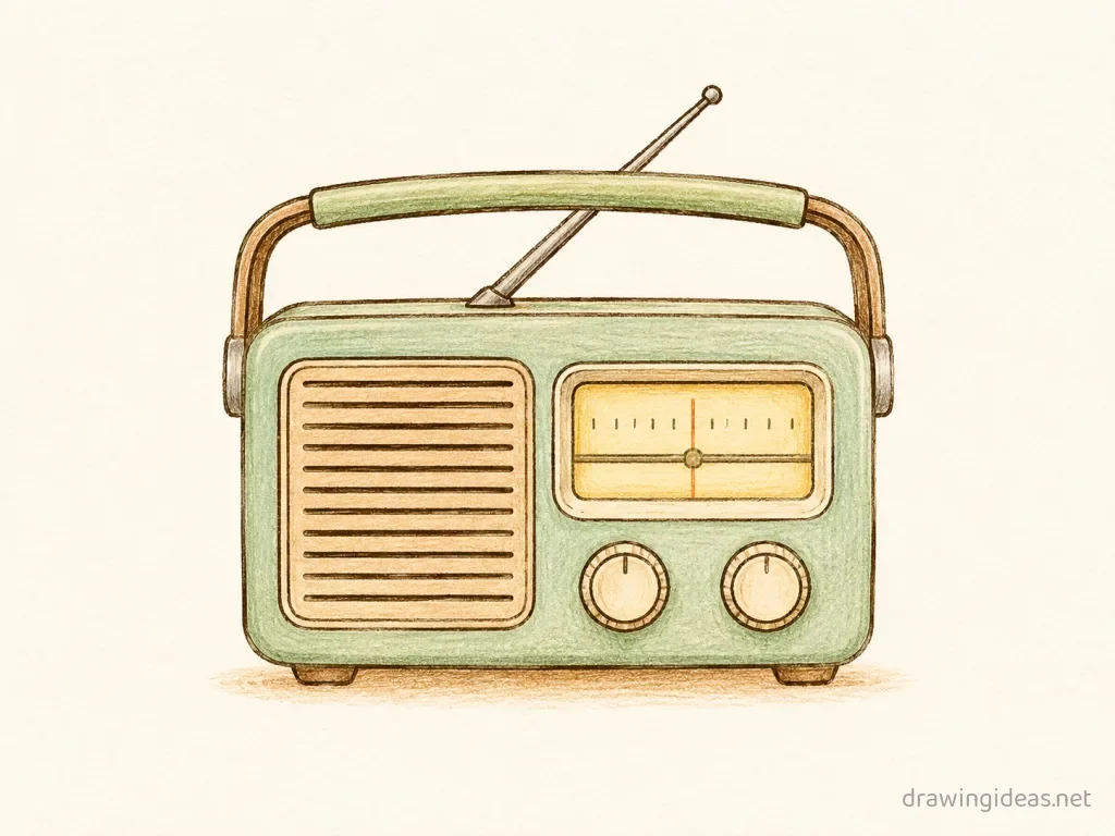 Radio drawing — hand-drawn radio illustration with ink lines and soft colors