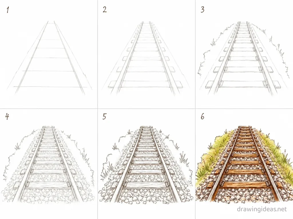 How to draw a railroad step by step — 6-step railroad drawing tutorial grid